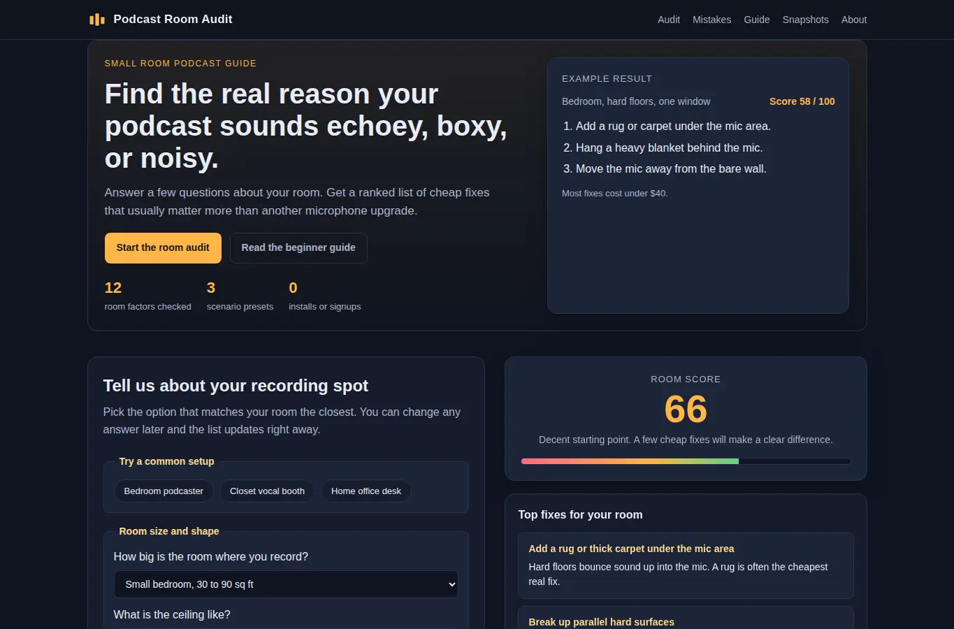 Screenshot of Small Room Podcast Acoustic Audit interface showing the project page in use